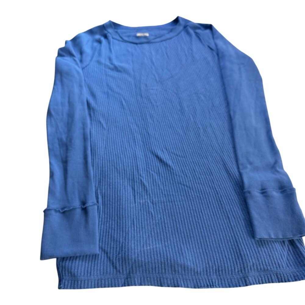 We The Free Free People Waffle Knit Tunic Top Blue Long Sleeve Raw Hem